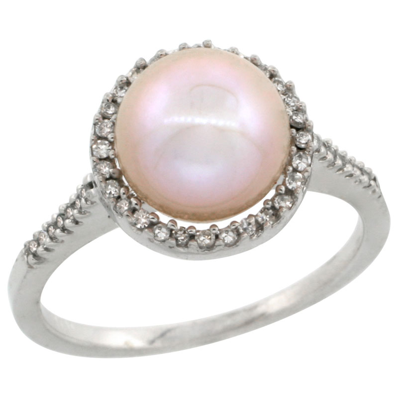 10k White Gold Halo Engagement 8.5 mm Pink Pearl Ring w/ 0.146 Carat Brilliant Cut Diamonds, 7/16 in. (11mm) wide