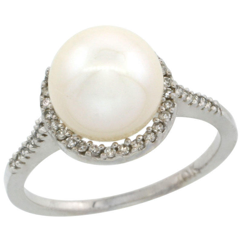 14k White Gold Halo Engagement 8.5 mm White Pearl Ring w/ 0.146 Carat Brilliant Cut Diamonds, 7/16 in. (11mm) wide
