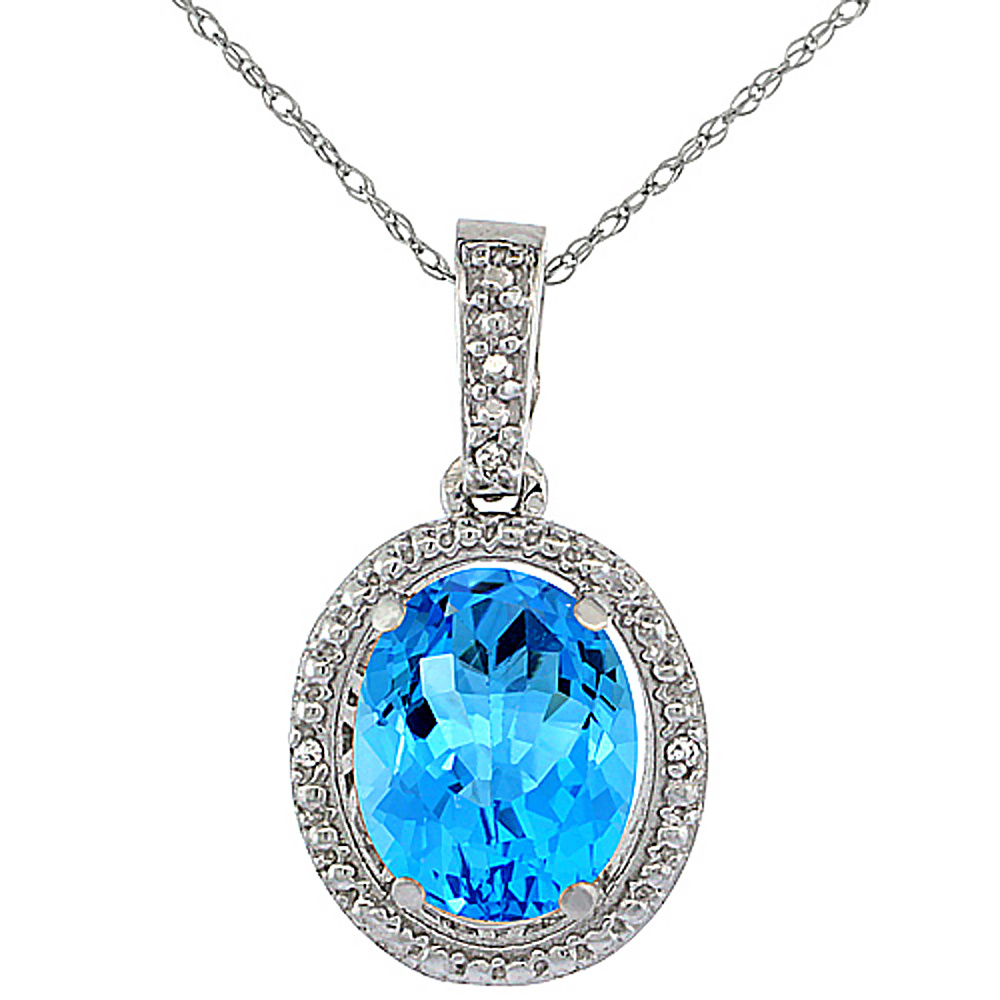 10K White Gold 0.09 cttw Diamond Natural Swiss Blue Topaz Pendant Oval 10x8 mm