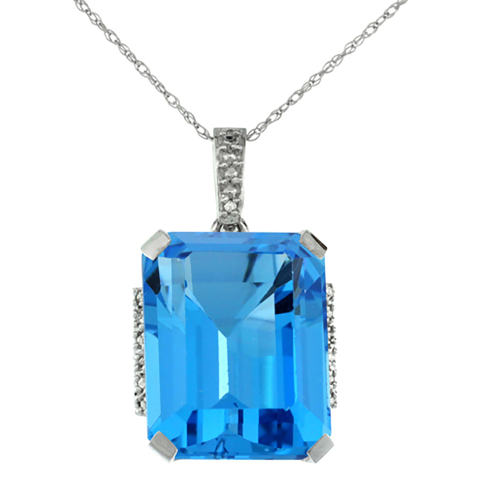 10K WHITE GOLD NATURAL SWISS BLUE TOPAZ PENDANT OCTAGON 16X12 MM & DIAMOND ACCENTS