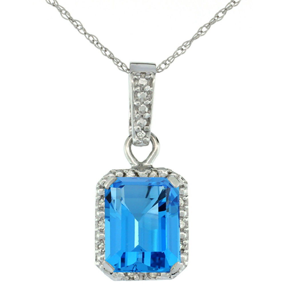 10K WHITE GOLD NATURAL SWISS BLUE TOPAZ PENDANT OCTAGON 8X6 MM & DIAMOND ACCENTS