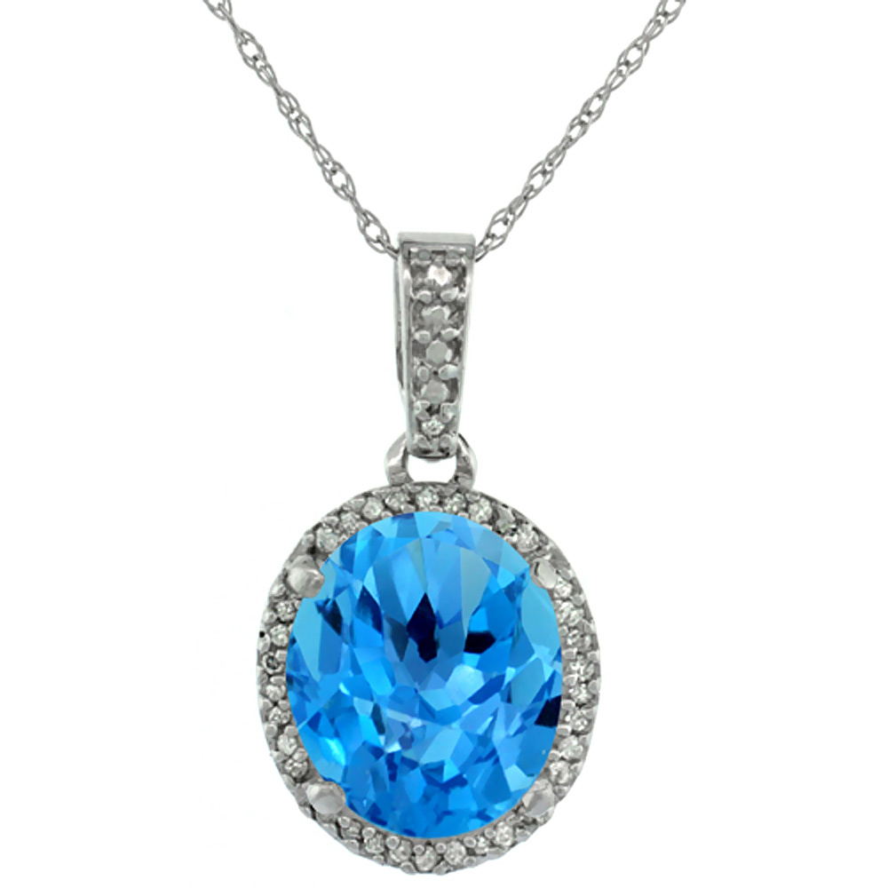 10K White Gold Natural Swiss Blue Topaz Pendant Oval 11x9 mm