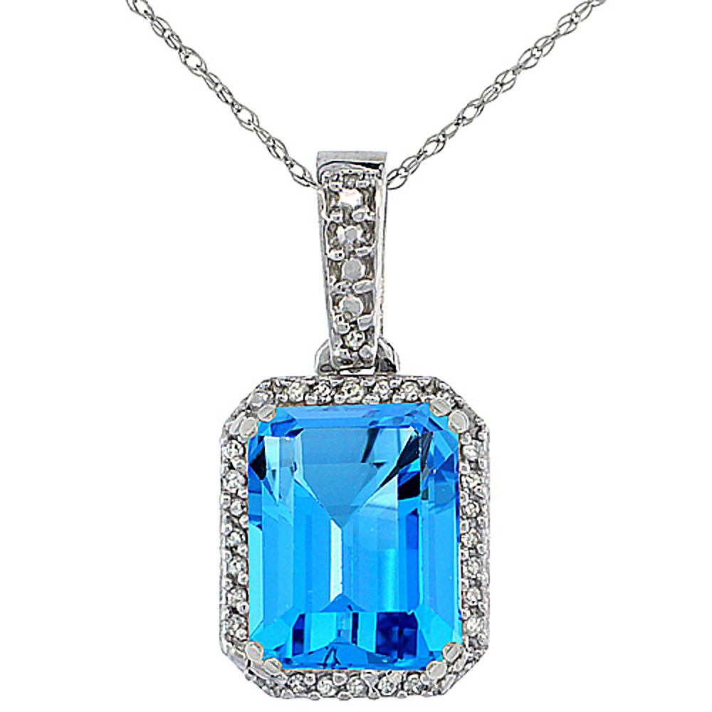 10K WHITE GOLD DIAMOND NATURAL SWISS BLUE TOPAZ PENDANT OCTAGON 9X7 MM