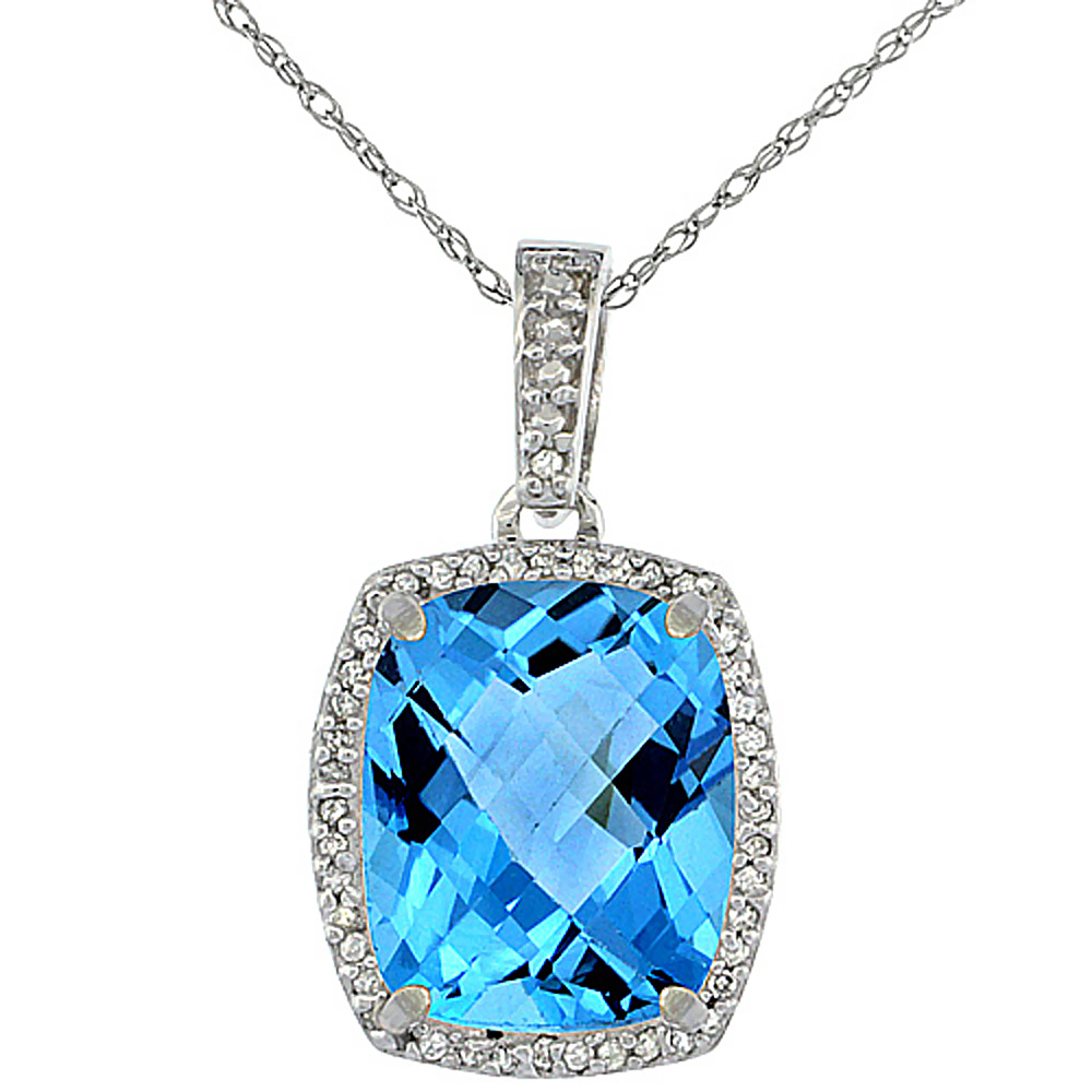 10K White Gold Natural Swiss Blue Topaz Pendant Octagon Cushion 12x10 mm