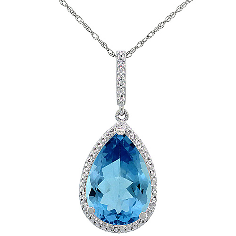 10K WHITE GOLD DIAMOND HALO NATURAL SWISS BLUE TOPAZ NECKLACE PEAR SHAPED 15X10 MM, 18 INCH LONG