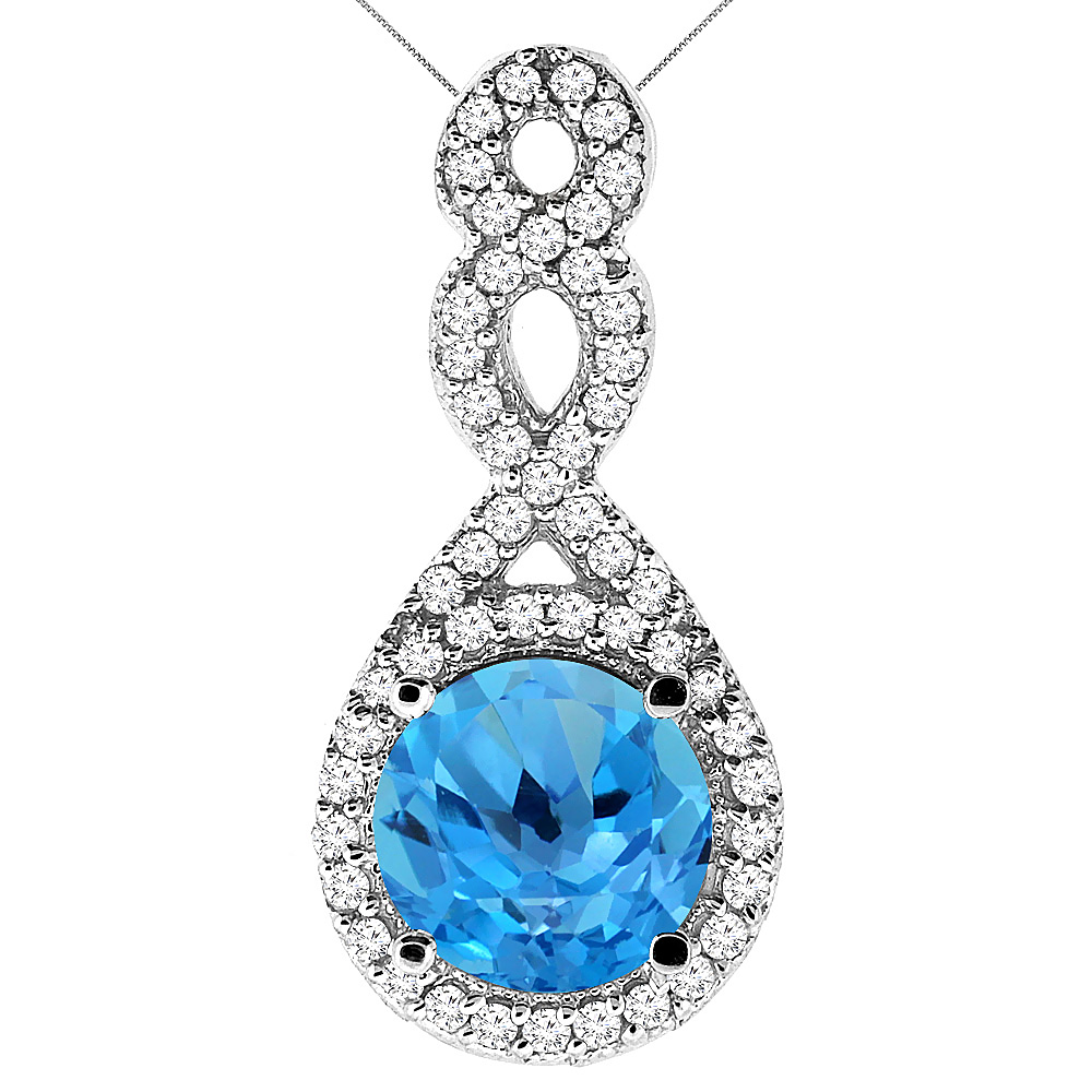 10K WHITE GOLD NATURAL SWISS BLUE TOPAZ ETERNITY PENDANT ROUND 7X7MM WITH 18 INCH GOLD CHAIN