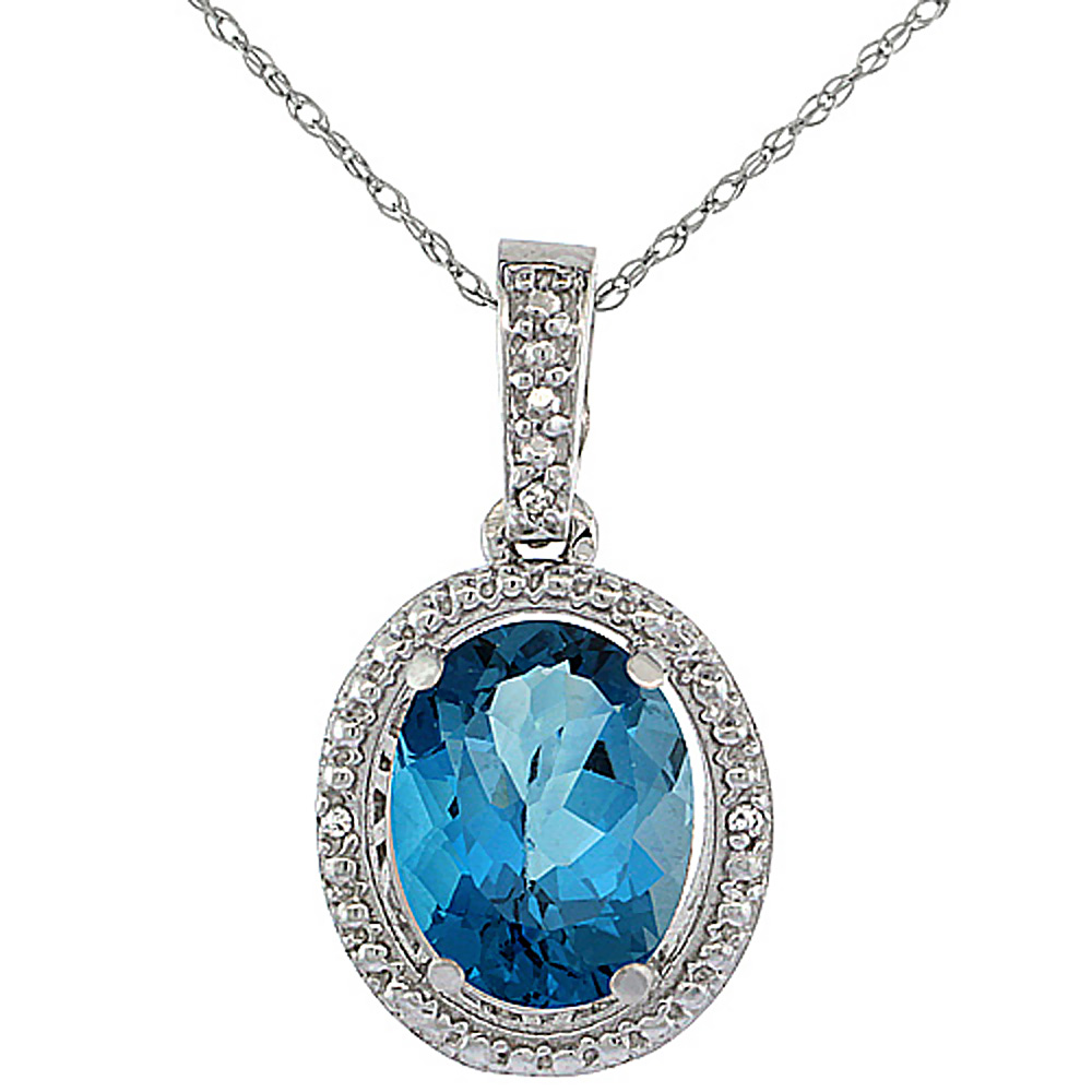 10K White Gold 0.09 cttw Diamond Natural London Blue Topaz Pendant Oval 10x8 mm