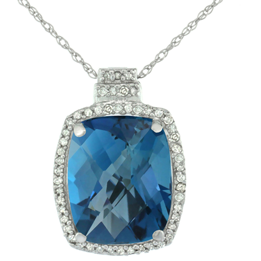 10K White Gold 0.20 cttw Diamond Natural London Blue Topaz Pendant Octagon Cushion 11x9 mm