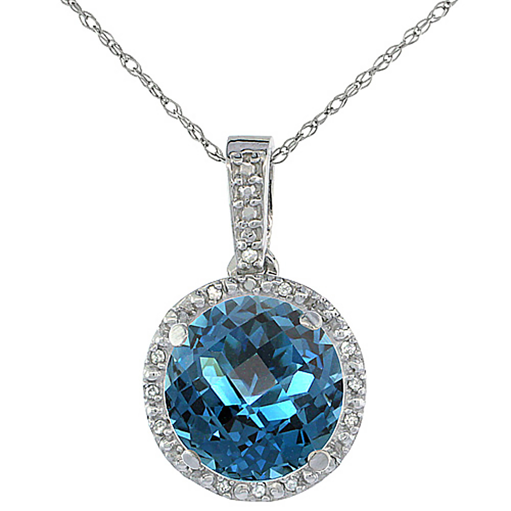 10K WHITE GOLD 0.03 CTTW DIAMOND NATURAL LONDON BLUE TOPAZ PENDANT ROUND 11X11 MM
