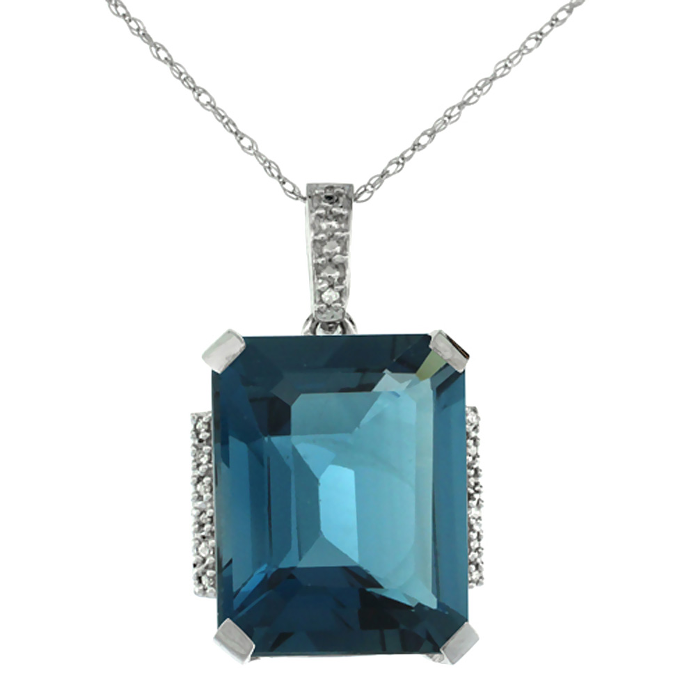 10K WHITE GOLD NATURAL LONDON BLUE TOPAZ PENDANT OCTAGON 16X12 MM & DIAMOND ACCENTS