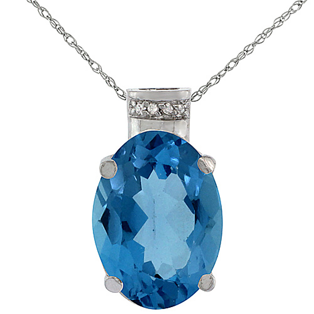10K WHITE GOLD DIAMOND NATURAL LONDON BLUE TOPAZ PENDANT OVAL 14X10 MM