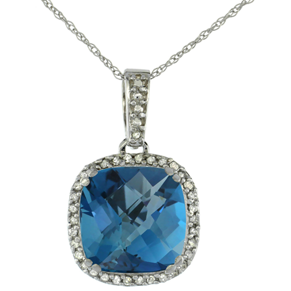 10k White Gold Diamond Halo Natural London Blue Topaz Necklace Cushion Shaped 10x10mm, 18 inch long