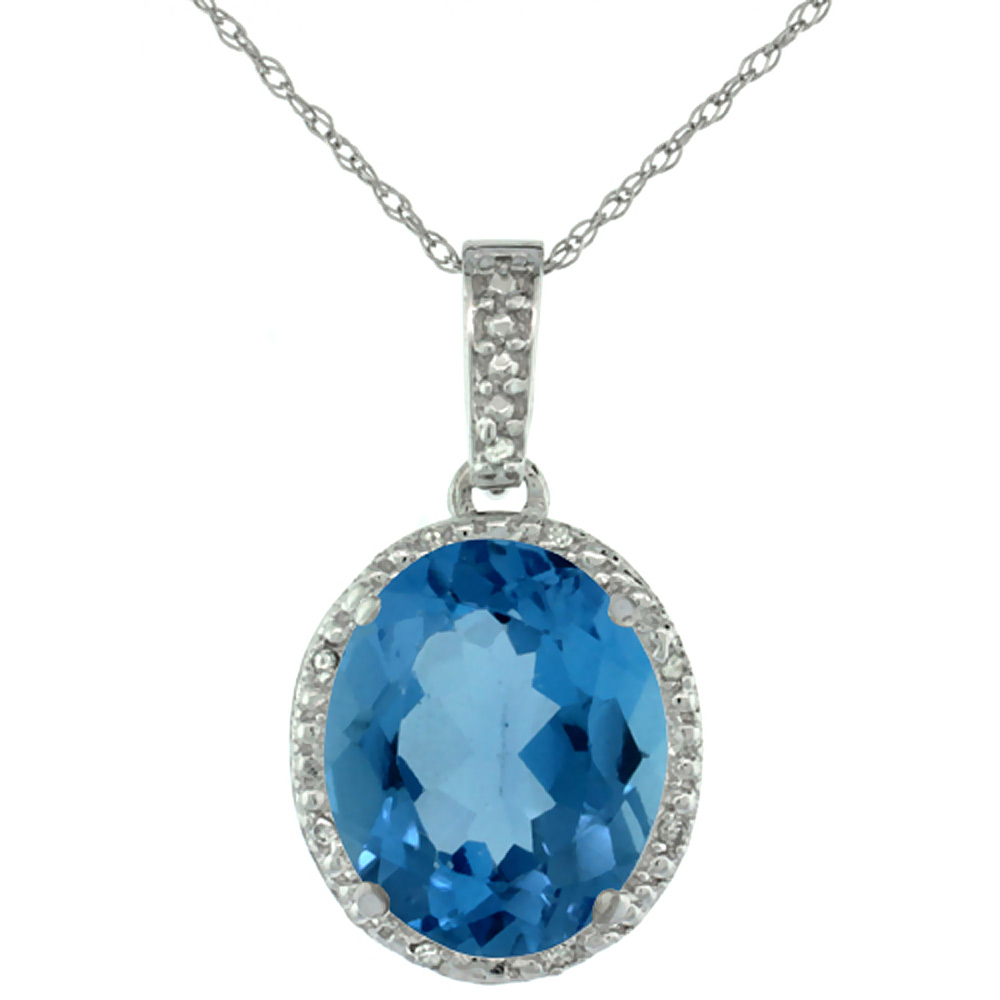 10K White Gold Diamond Halo Natural London Blue Topaz Necklace Oval 12x10 mm, 18 inch long