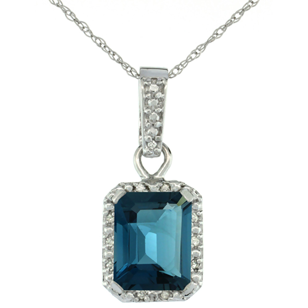 10K WHITE GOLD NATURAL LONDON BLUE TOPAZ PENDANT OCTAGON 8X6 MM & DIAMOND ACCENTS