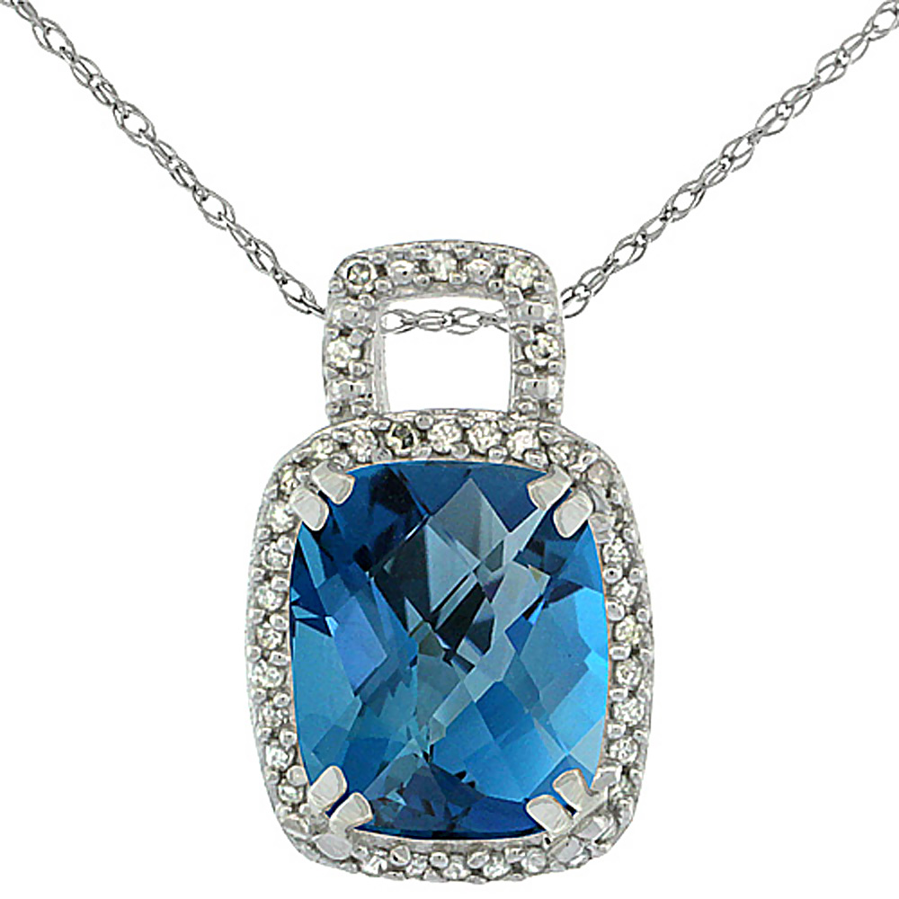 10K WHITE GOLD NATURAL LONDON BLUE TOPAZ PENDANT OCTAGON CUSHION 10X8 MM & DIAMOND ACCENTS