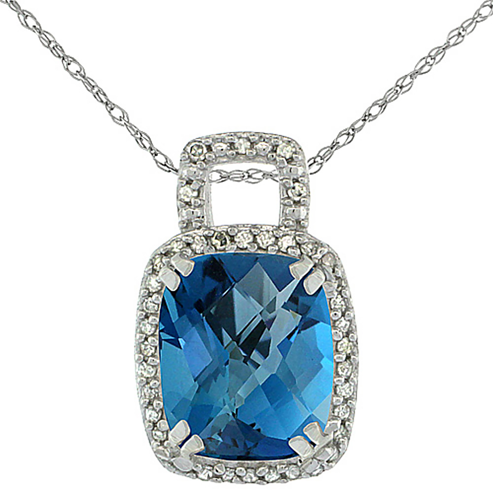 10K White Gold Natural London Blue Topaz Pendant Octagon Cushion 10x8 mm & Diamond Accents