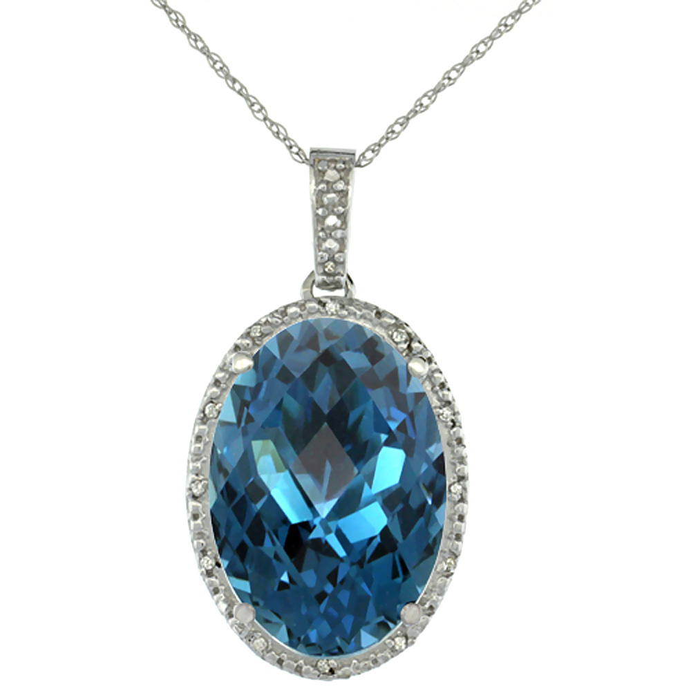 10K WHITE GOLD DIAMOND NATURAL LONDON BLUE TOPAZ PENDANT OVAL 18X13 MM