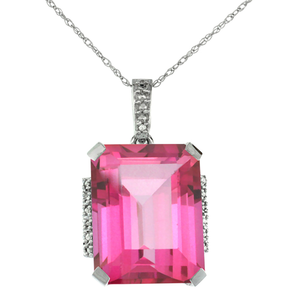 10K White Gold Natural Pink Topaz Pendant Octagon 16x12 mm &amp; Diamond Accents