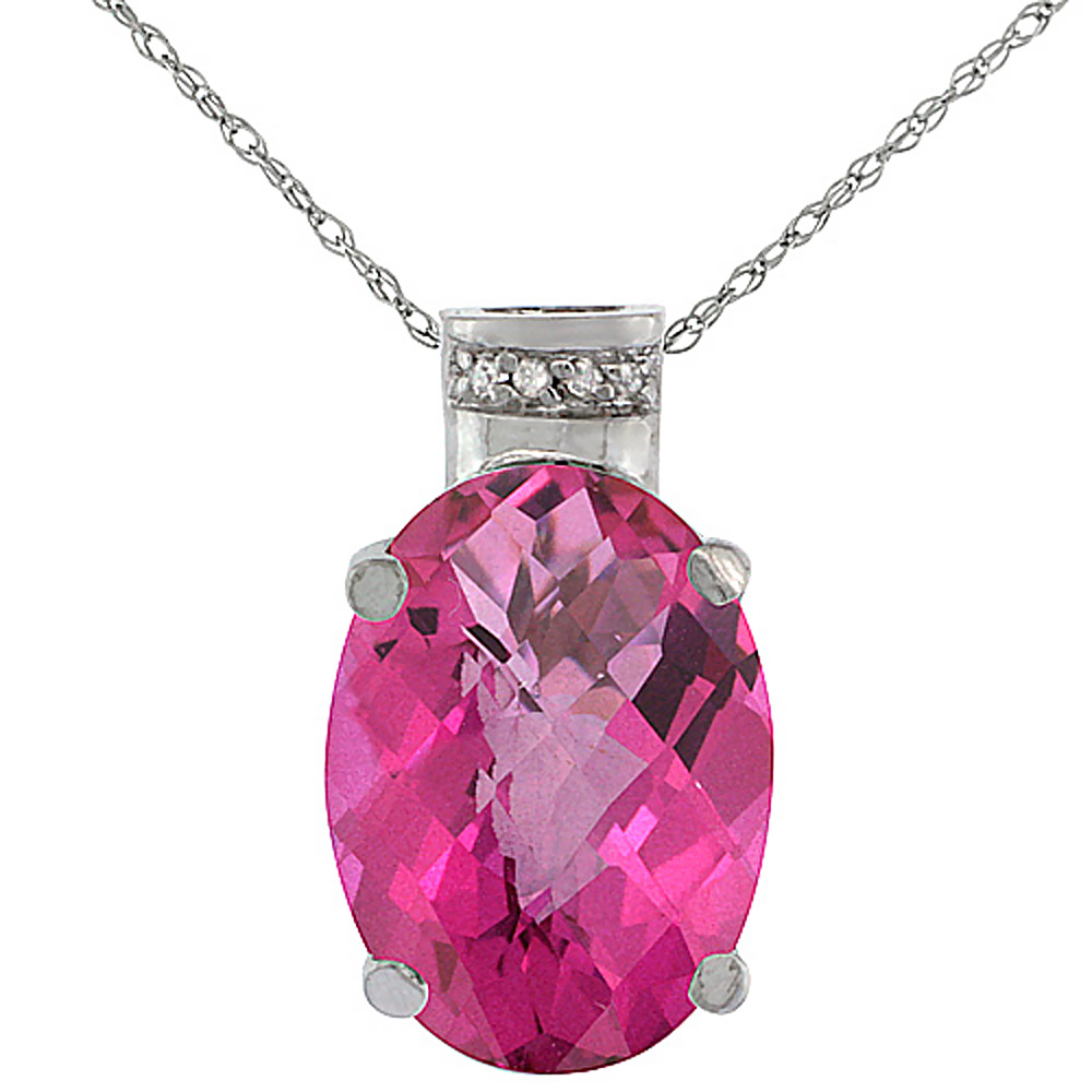 10K White Gold Diamond Natural Pink Topaz Pendant Oval 14x10 mm