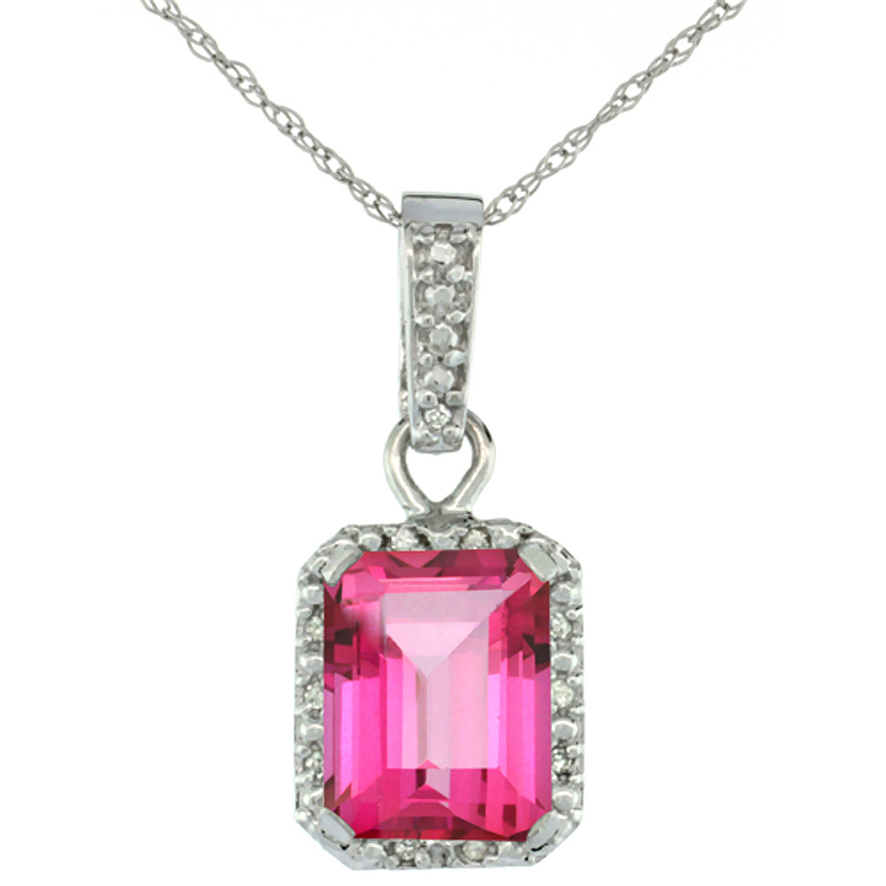 10K White Gold Natural Pink Topaz Pendant Octagon 8x6 mm &amp; Diamond Accents