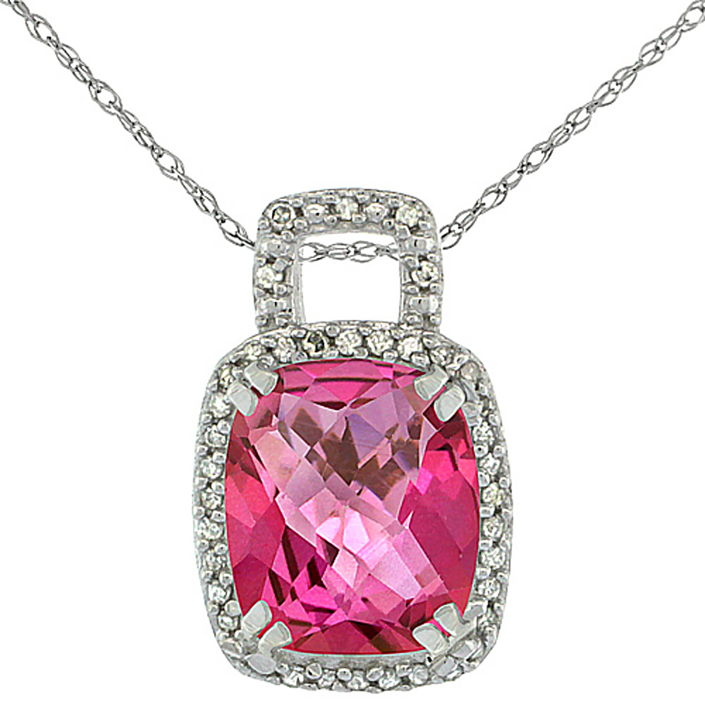 10K White Gold Natural Pink Topaz Pendant Octagon Cushion 10x8 mm &amp; Diamond Accents