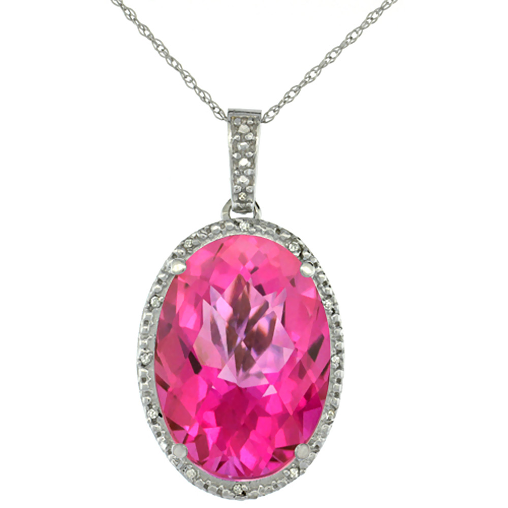 10K White Gold Diamond Natural Pink Topaz Pendant Oval 18x13 mm