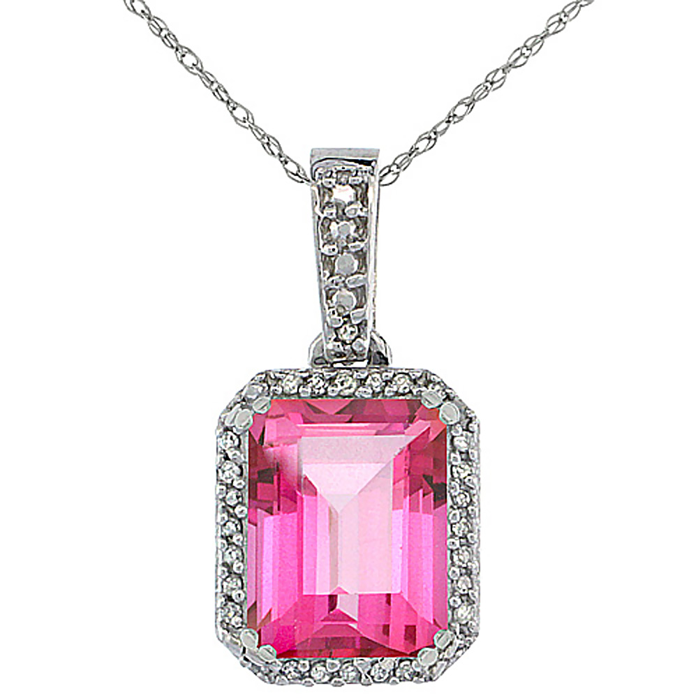 10K White Gold Diamond Natural Pink Topaz Pendant Octagon 9x7 mm