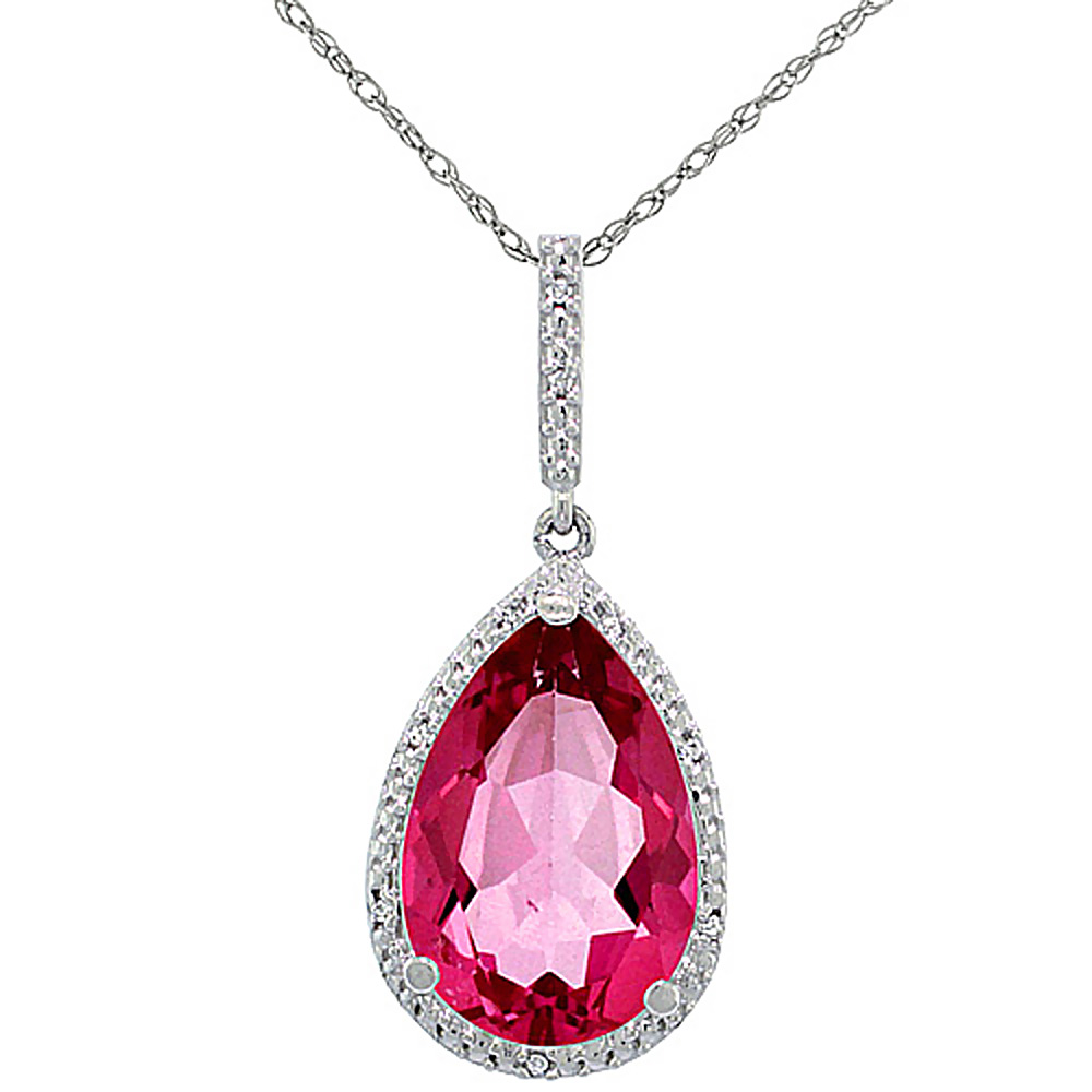 10K WHITE GOLD DIAMOND HALO NATURAL PINK TOPAZ NECKLACE PEAR SHAPED 15X10 MM, 18 INCH LONG