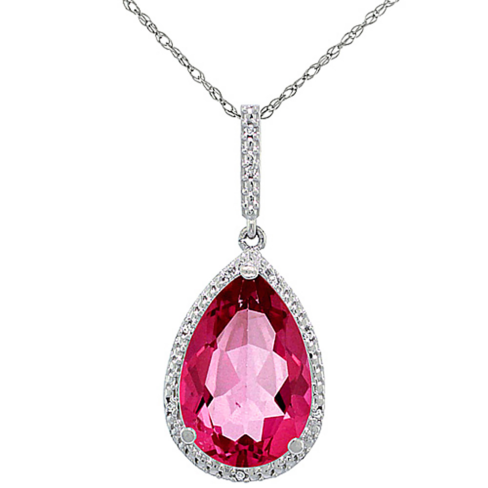 10K White Gold Diamond Halo Natural Pink Topaz Necklace Pear Shaped 15x10 mm, 18 inch long
