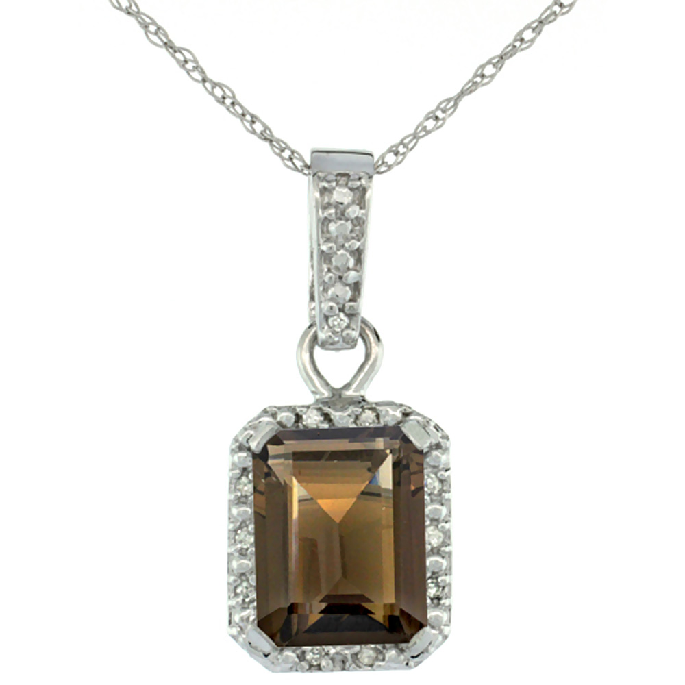 10K WHITE GOLD NATURAL SMOKY TOPAZ PENDANT OCTAGON 8X6 MM & DIAMOND ACCENTS