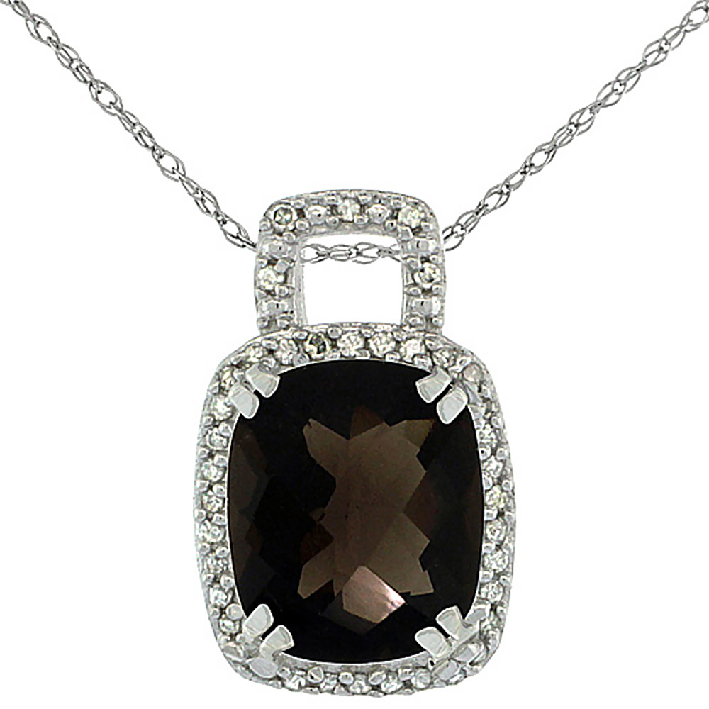 10K WHITE GOLD NATURAL SMOKY TOPAZ PENDANT OCTAGON CUSHION 10X8 MM &amp; DIAMOND ACCENTS
