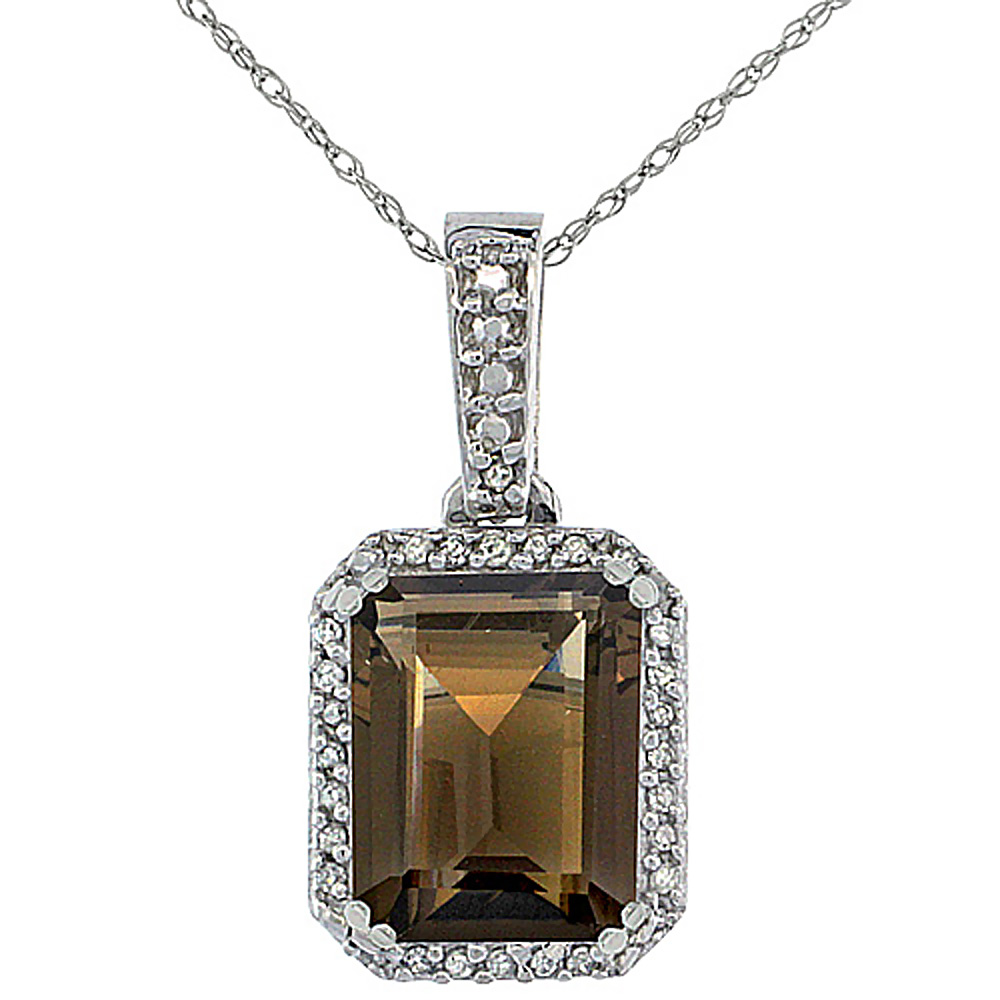 10K WHITE GOLD DIAMOND NATURAL SMOKY TOPAZ PENDANT OCTAGON 9X7 MM