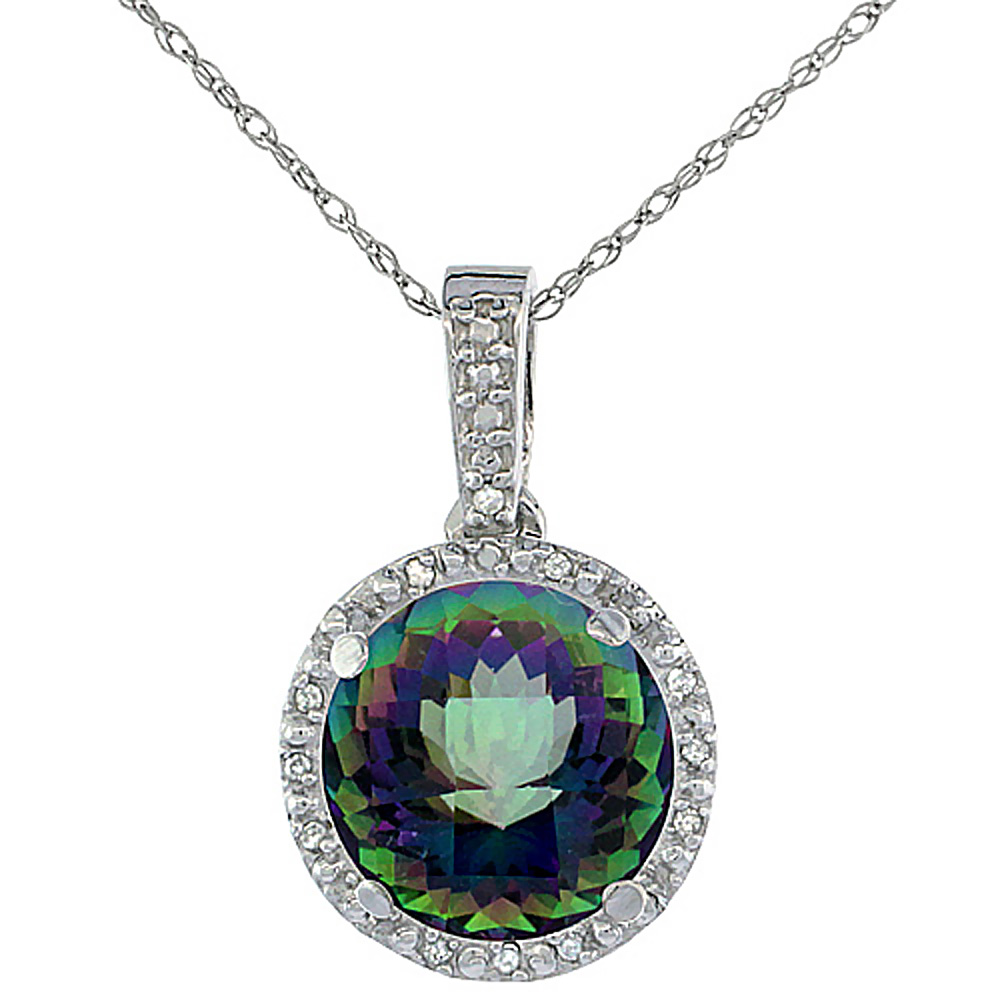 10K WHITE GOLD 0.03 CTTW DIAMOND NATURAL MYSTIC TOPAZ PENDANT ROUND 11X11 MM