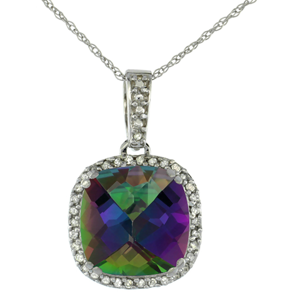 10K WHITE GOLD DIAMOND HALO NATURAL MYSTIC TOPAZ NECKLACE CUSHION SHAPED 10X10MM, 18 INCH LONG