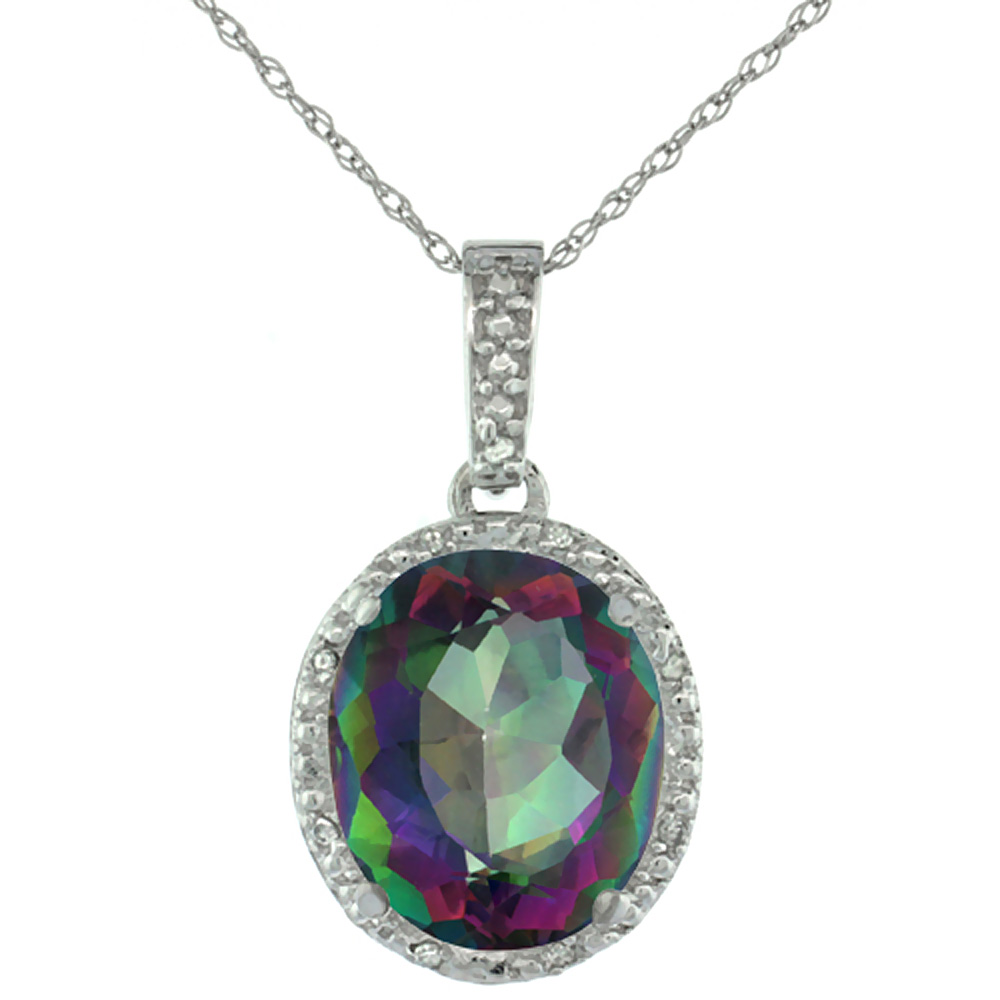 10K WHITE GOLD DIAMOND HALO NATURAL MYSTIC TOPAZ NECKLACE OVAL 12X10 MM, 18 INCH LONG