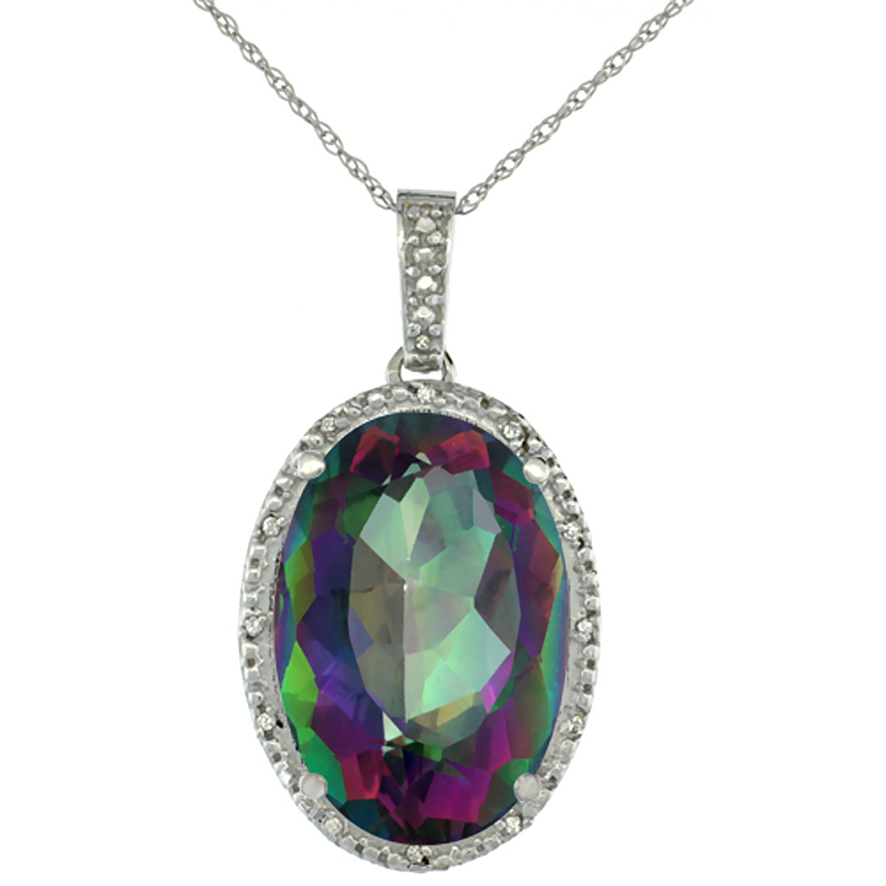 10K WHITE GOLD DIAMOND NATURAL MYSTIC TOPAZ PENDANT OVAL 18X13 MM