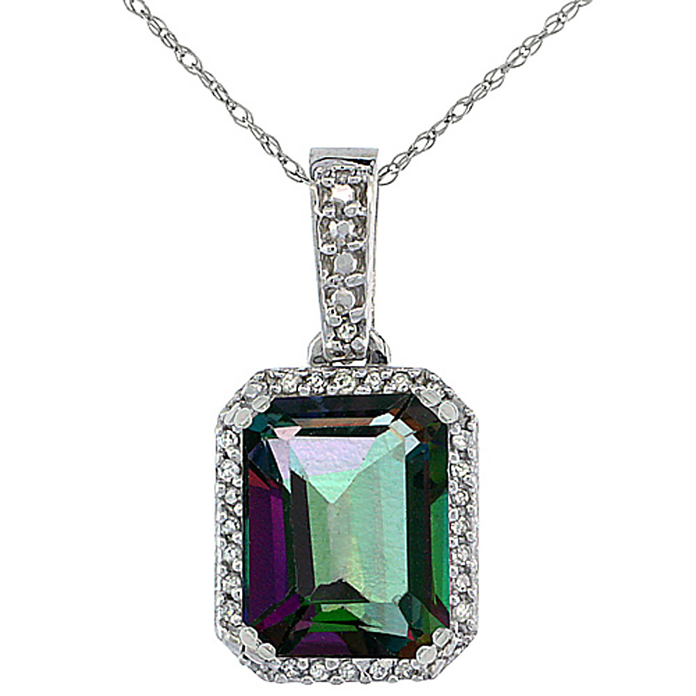 10K White Gold Diamond Natural Mystic Topaz Pendant Octagon 9x7 mm