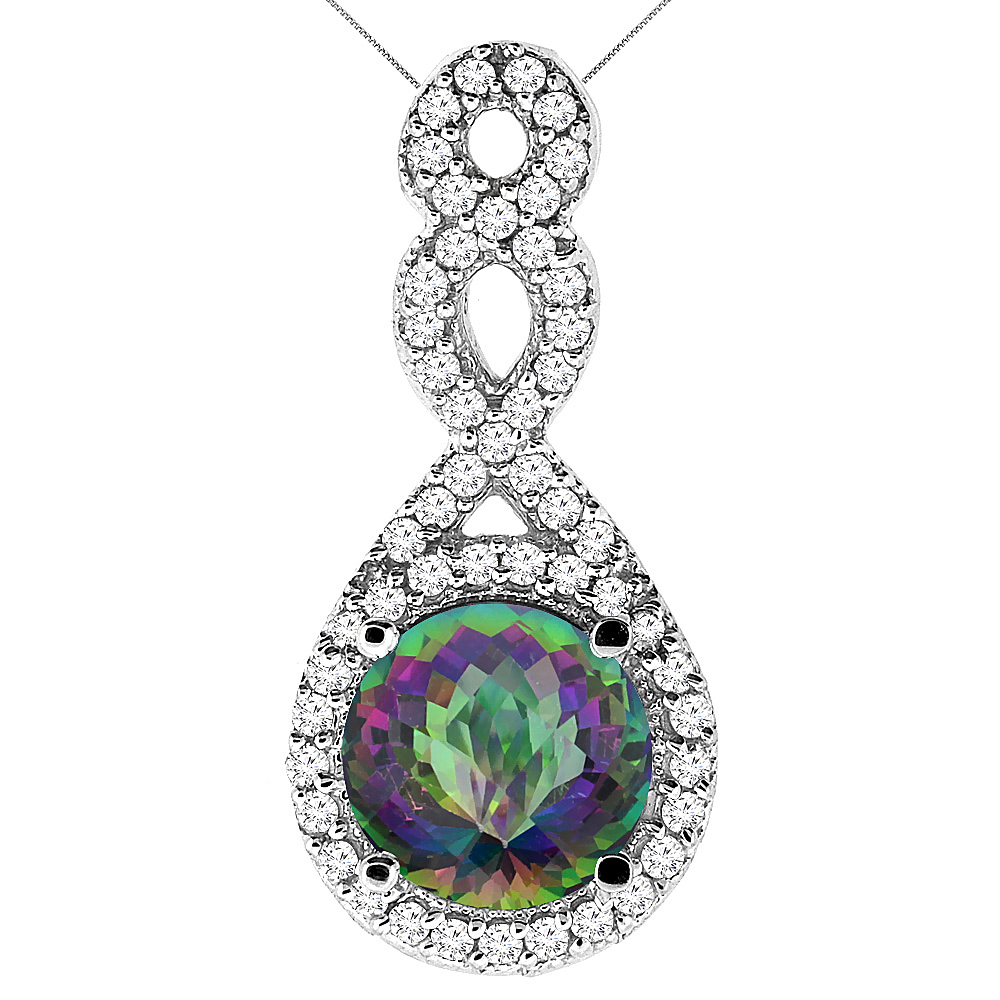 10K WHITE GOLD NATURAL MYSTIC TOPAZ ETERNITY PENDANT ROUND 7X7MM WITH 18 INCH GOLD CHAIN