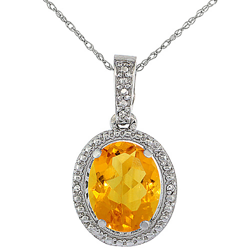 10K White Gold 0.09 cttw Diamond Natural Citrine Pendant Oval 10x8 mm