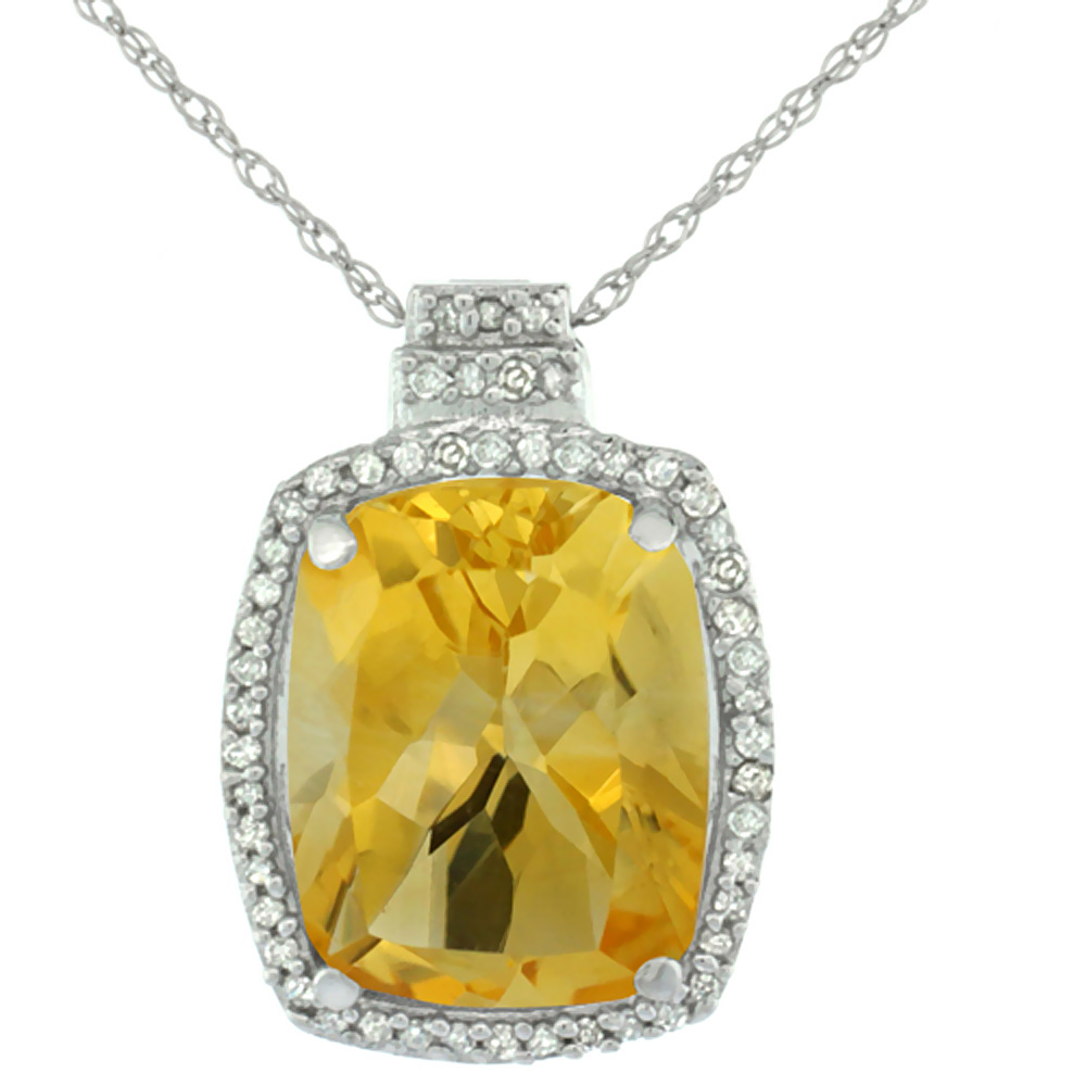 10K White Gold 0.20 cttw Diamond Natural Citrine Pendant Octagon Cushion 11x9 mm