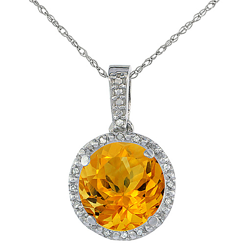 10K WHITE GOLD 0.03 CTTW DIAMOND NATURAL CITRINE PENDANT ROUND 11X11 MM