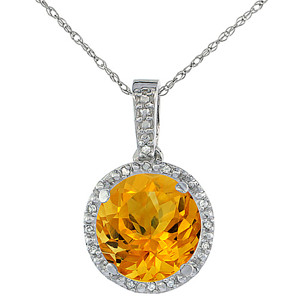 10K White Gold 0.03 cttw Diamond Natural Citrine Pendant Round 11x11 mm