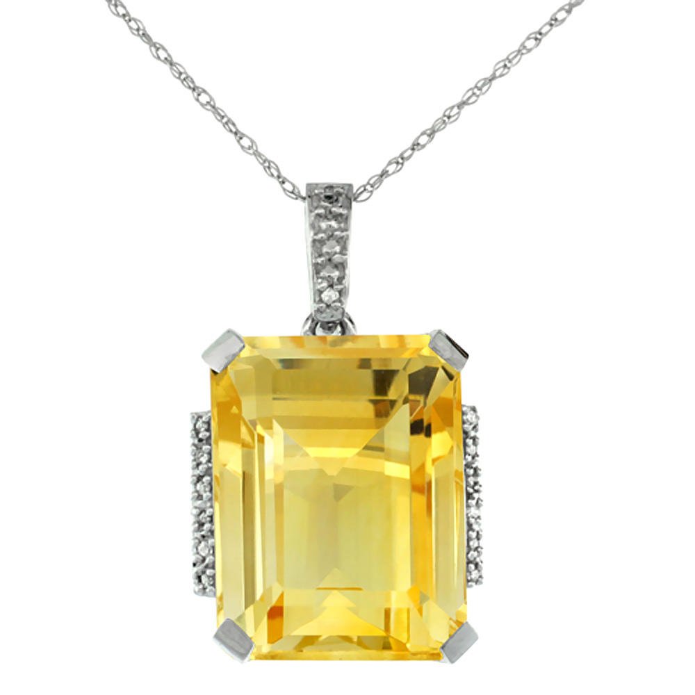 10K WHITE GOLD NATURAL CITRINE PENDANT OCTAGON 16X12 MM & DIAMOND ACCENTS