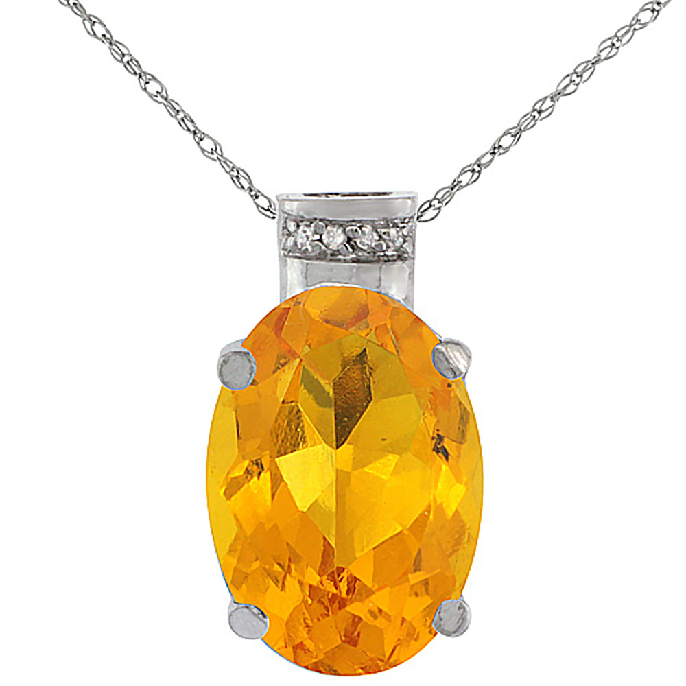 10K WHITE GOLD DIAMOND NATURAL CITRINE PENDANT OVAL 14X10 MM
