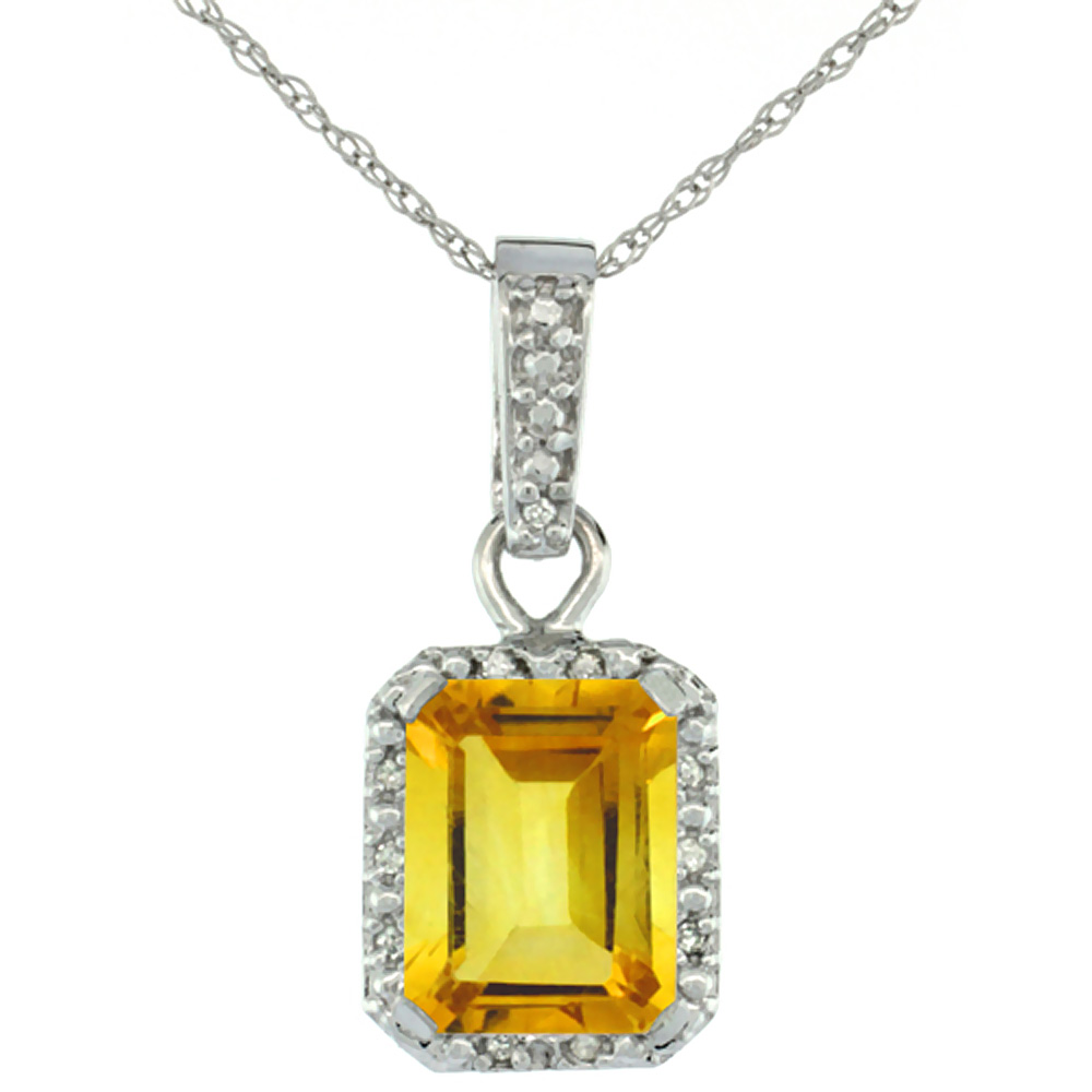 10K WHITE GOLD NATURAL CITRINE PENDANT OCTAGON 8X6 MM & DIAMOND ACCENTS