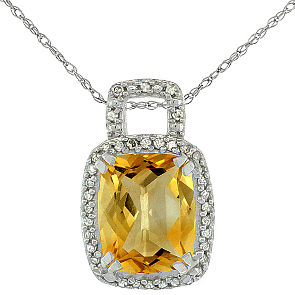 10K WHITE GOLD NATURAL CITRINE PENDANT OCTAGON CUSHION 10X8 MM & DIAMOND ACCENTS