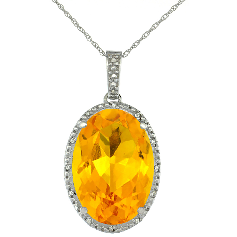 10K WHITE GOLD DIAMOND NATURAL CITRINE PENDANT OVAL 18X13 MM