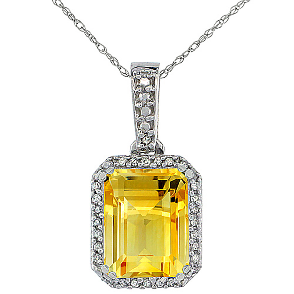 10K White Gold Diamond Natural Citrine Pendant Octagon 9x7 mm