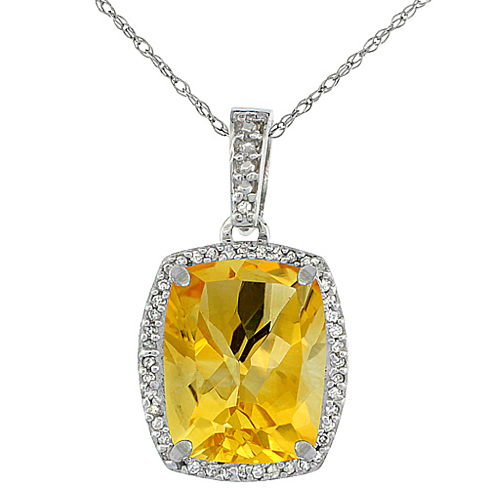 10K White Gold Natural Citrine Pendant Octagon Cushion 12x10 mm