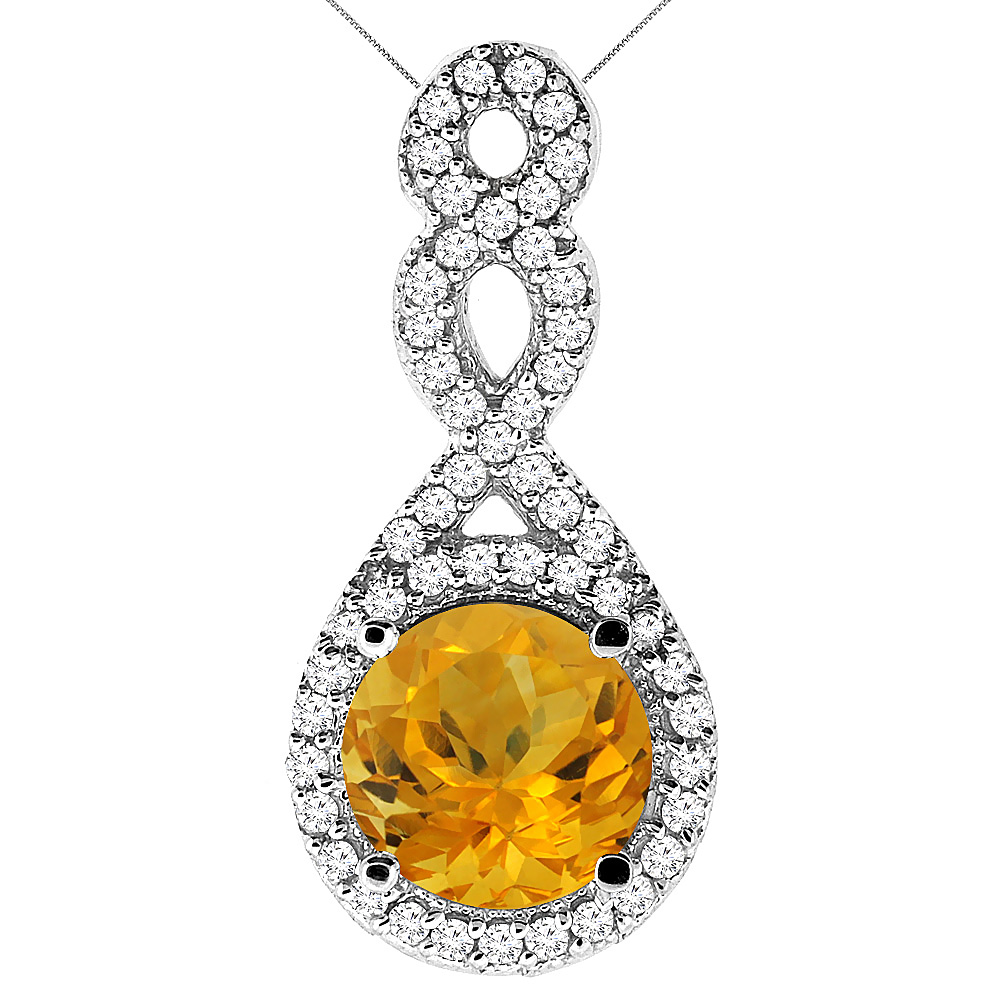 10K WHITE GOLD NATURAL CITRINE ETERNITY PENDANT ROUND 7X7MM WITH 18 INCH GOLD CHAIN